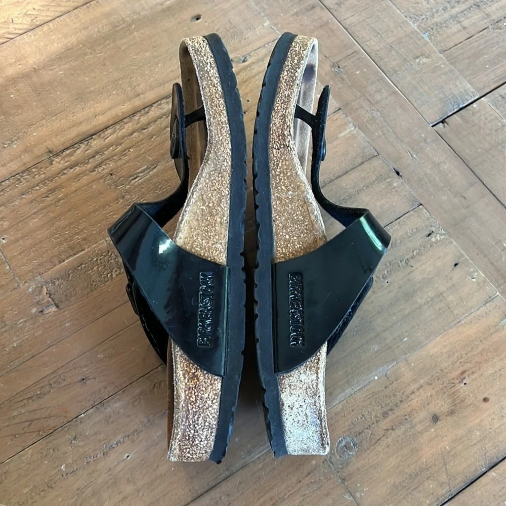 Birkenstock Gizeh Black Patent Leather Cork Sandals Thongs EU 38 US 7